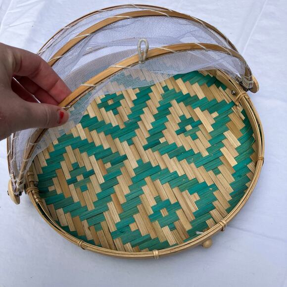 Hand Woven Bamboo Food Serving Tent w/Mesh Cover Teal Aztec - Picture 5 of 8